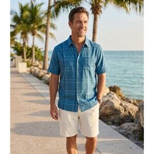 Café Luna Men's Shirt M Blue Plaid Short Sleeve Button Down Textured NWT 38/40